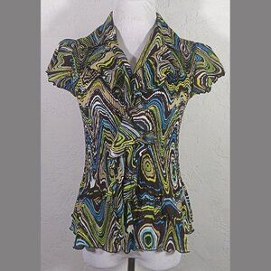 Sere Nade Top Small Button Down Geometric Ruffle Multicolor Crinkle